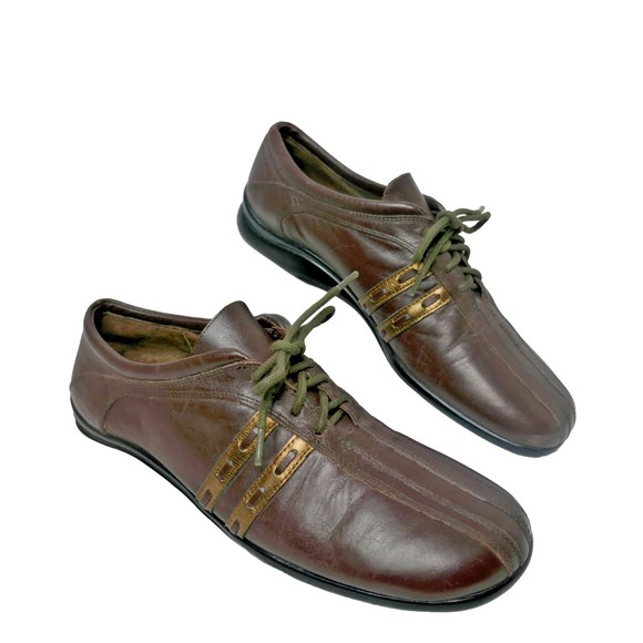 David Tate Shoes - David Tate Brown Leather Oxford Shoes Lace-up Gold Detail Size 8 NARROW